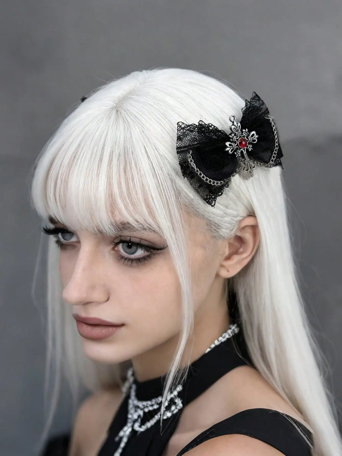 Gothic Lace Bow Hair Clips With Cross Chain Statement Accents