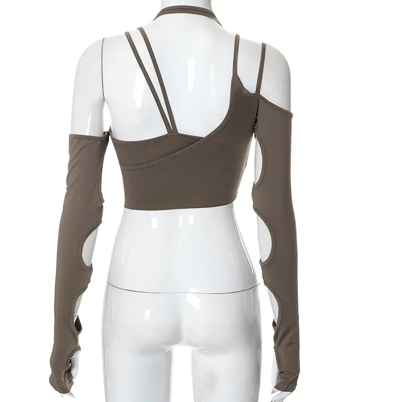 Strappy Cutout Halter Crop Top with Long Sleeves Contemporary Streetwear Style