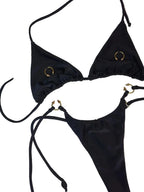 Sleek Black Triangle String Bikini Set with Gold-Tone Ring Hardware