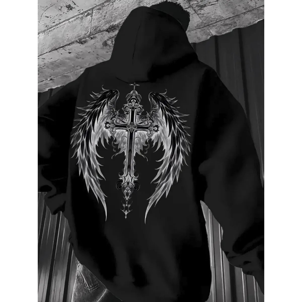 Dark Anime Gothic Hoodie with Manga-Inspired Winged Sword Artwork
