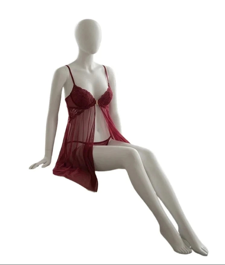 Romantic Deep Red Open-Front Babydoll with Lace Bodice and Matching Panty