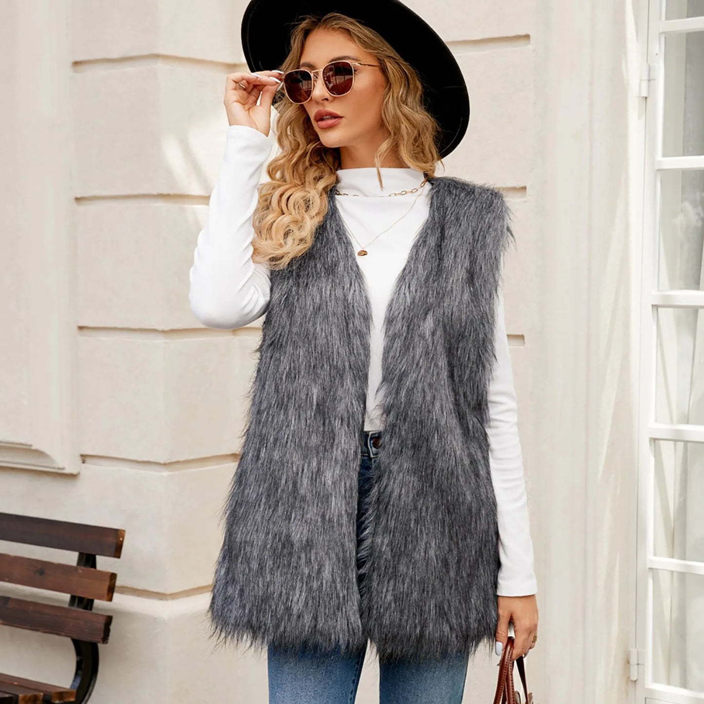 Women's Mid-Length Faux Fur Open Front Vest Cozy Casual Layering Outerwear Jacket