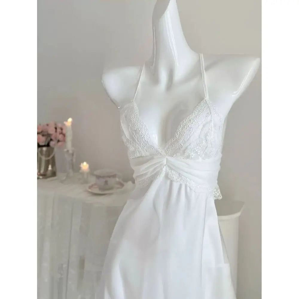 Elegant White Satin-Finish Slip Dress with Sheer Lace Bodice and Gathered Detail