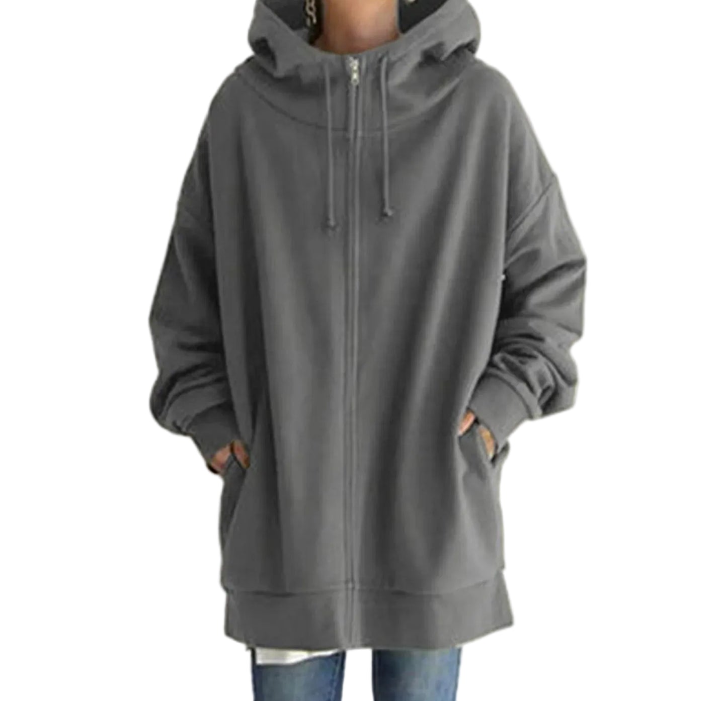 Women's Mid-Length Oversized Hooded Sweatshirt Relaxed Streetwear Pullover with Front Pocket