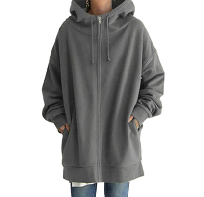 Women's Mid-Length Oversized Hooded Sweatshirt Relaxed Streetwear Pullover with Front Pocket