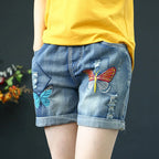 Women's Relaxed Denim Shorts with Drawstring Waist Embroidered Details and Casual Wide Leg Fit