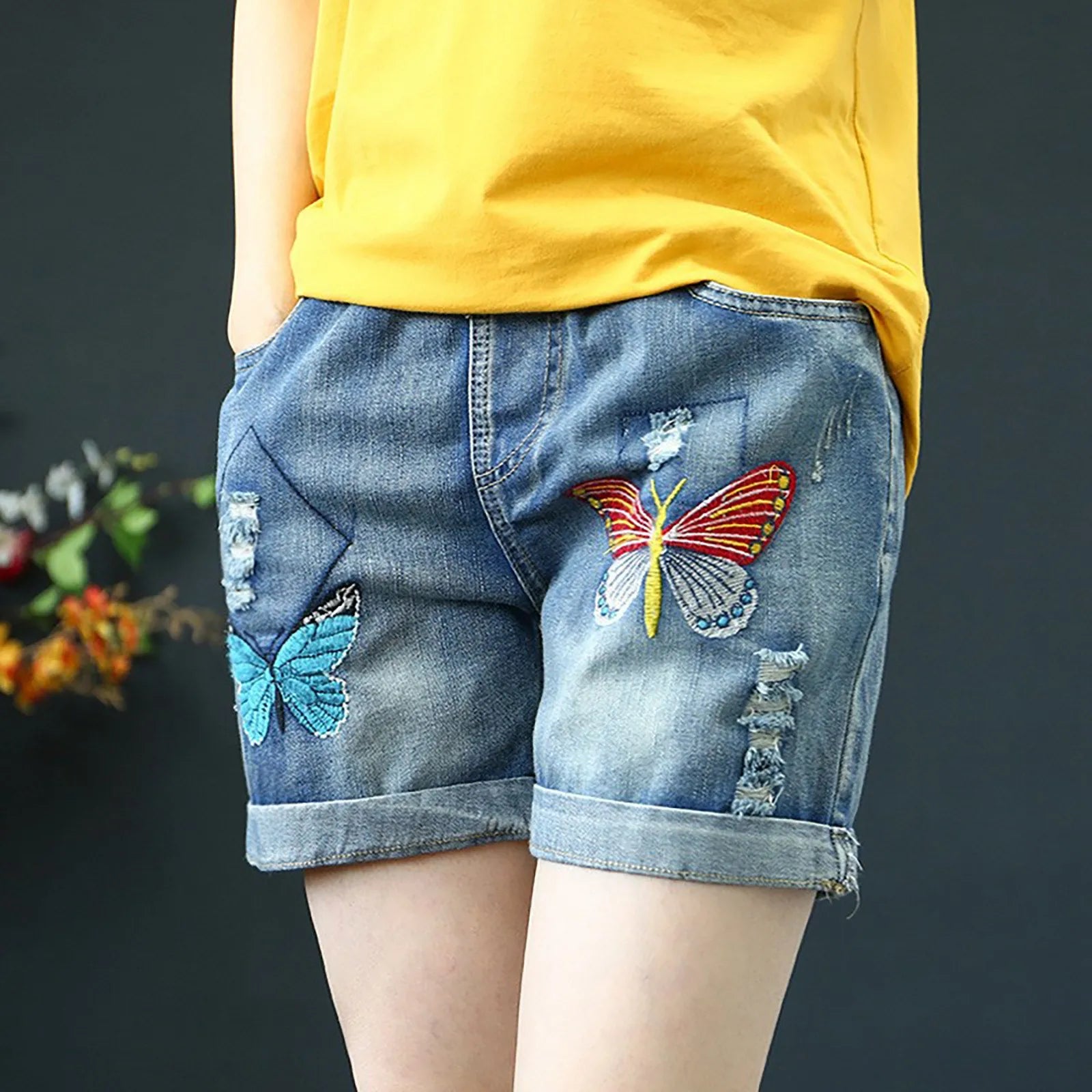 Women's Relaxed Denim Shorts with Drawstring Waist Embroidered Details and Casual Wide Leg Fit