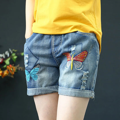 Women's Relaxed Denim Shorts with Drawstring Waist Embroidered Details and Casual Wide Leg Fit