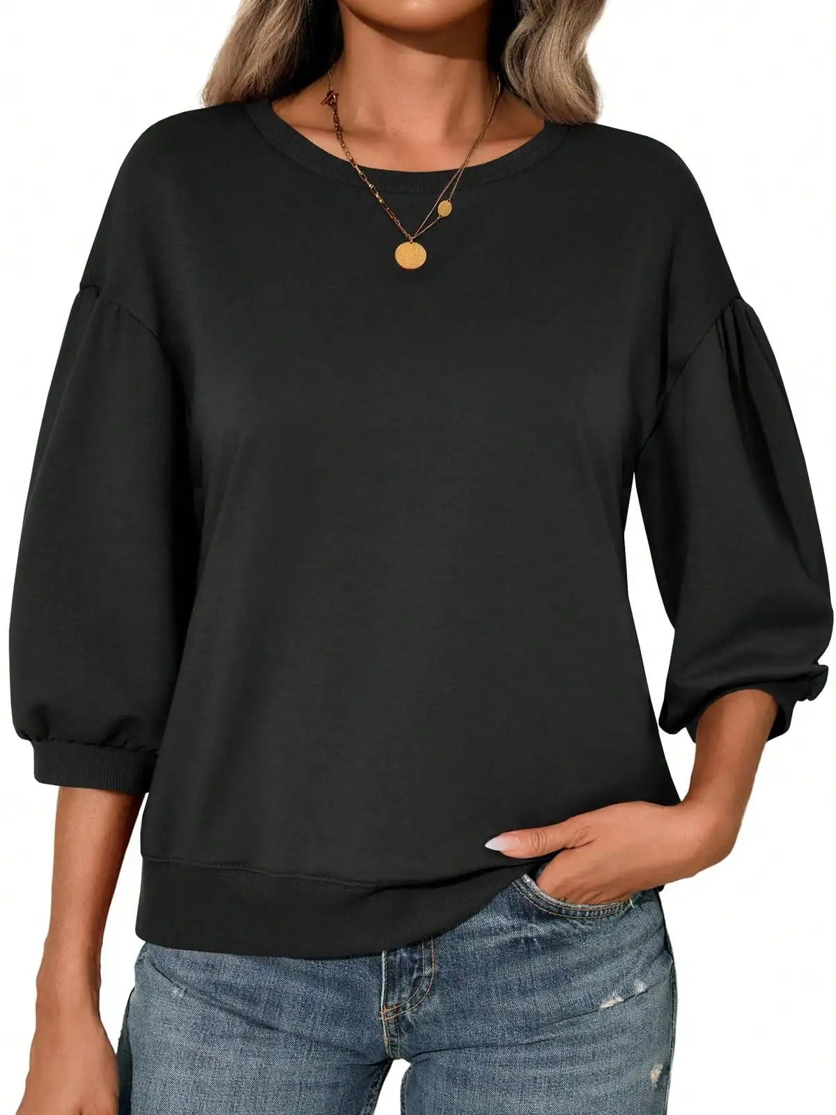 Women's Puff Sleeve Crew Neck Sweatshirt with Relaxed Fit for Contemporary Casual Fashion  Description: