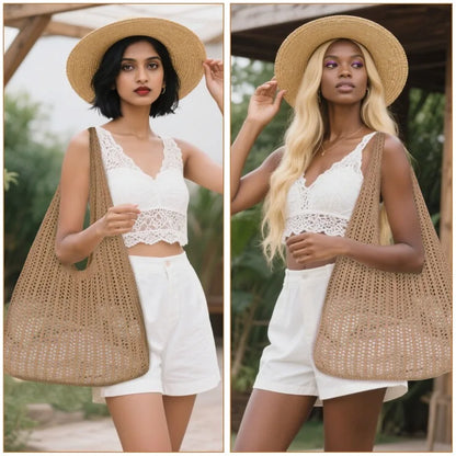 Minimalist Crochet Mesh Hobo Tote Bag for Beach Vacation and Everyday Wear