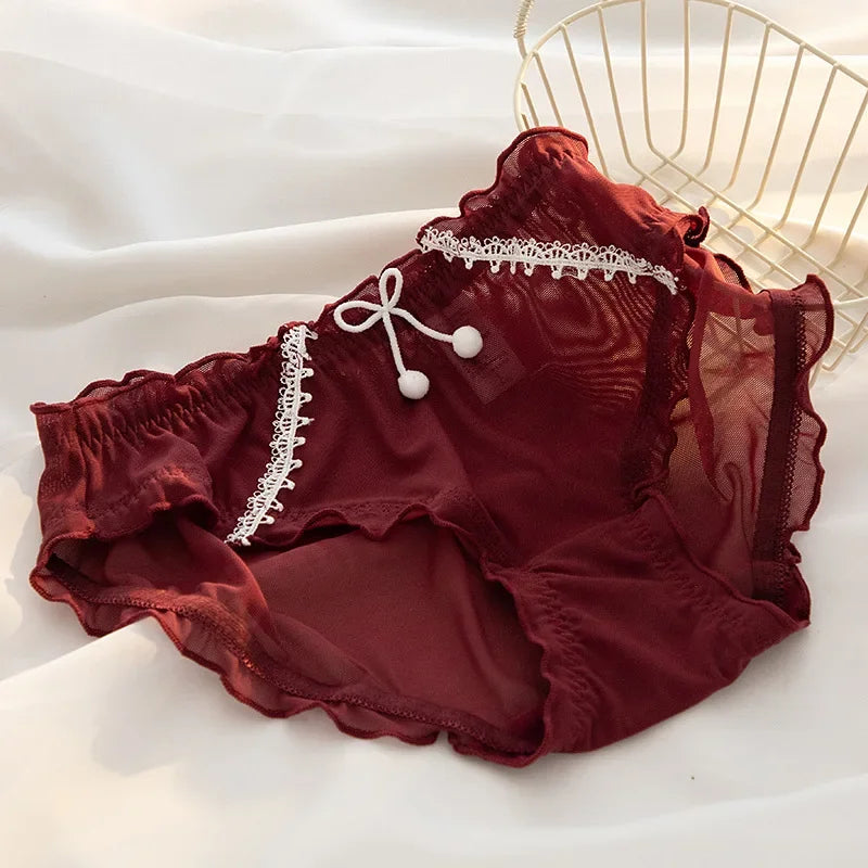 Women’s Wine-Red Lace Brief with Decorative Bow, Floral-Style Texture and Mid-Rise Feminine Lingerie Silhouette