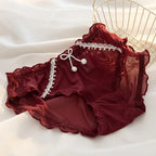 Women’s Wine-Red Lace Brief with Decorative Bow, Floral-Style Texture and Mid-Rise Feminine Lingerie Silhouette