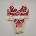 Rich Burgundy Floral Embroidery Push-Up Set with Contrast Strapping