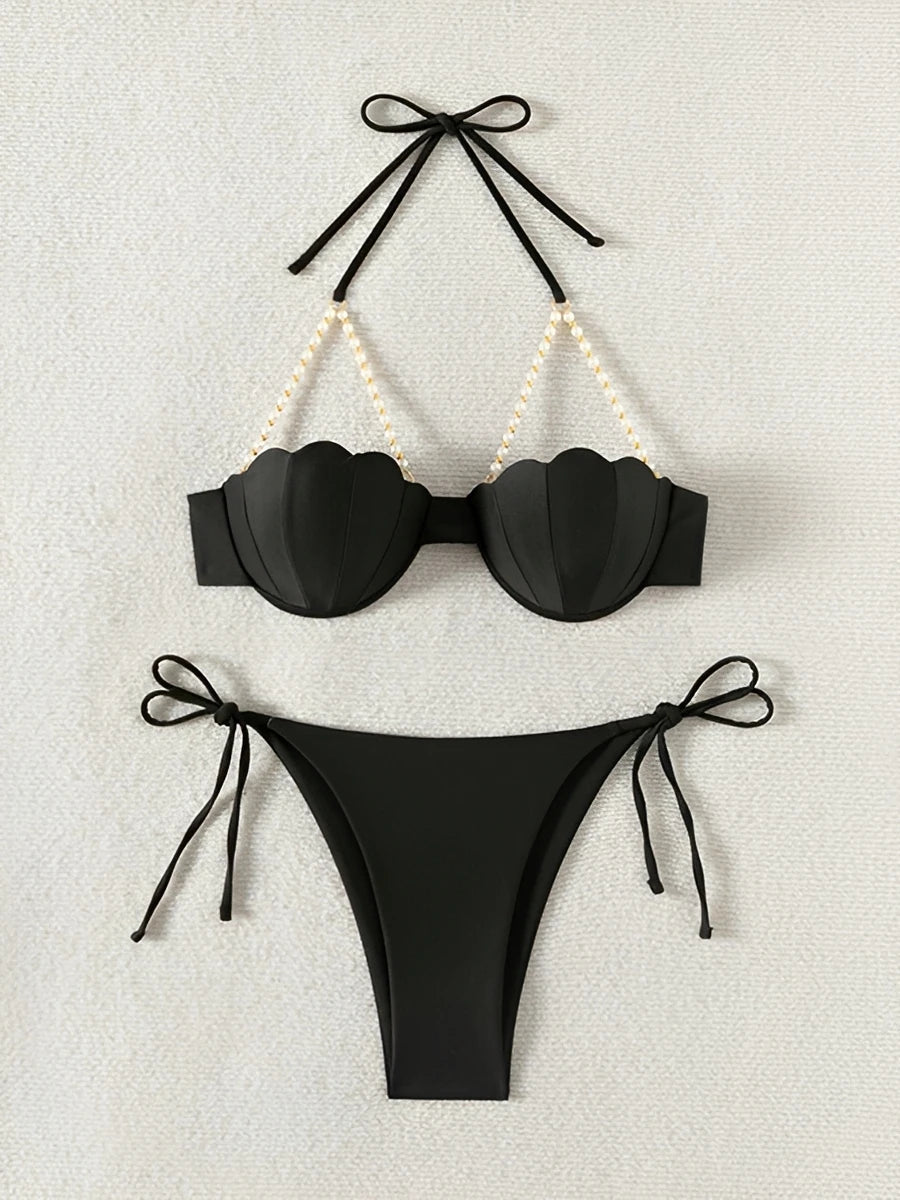 Structured Seashell Underwire Bikini with Pearl-Embellished Straps