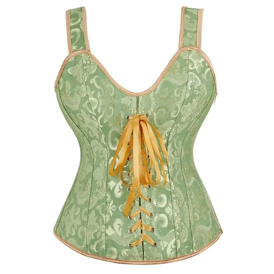 Vintage Floral Tapestry Overbust Corset with Wide Straps and Structured Seaming