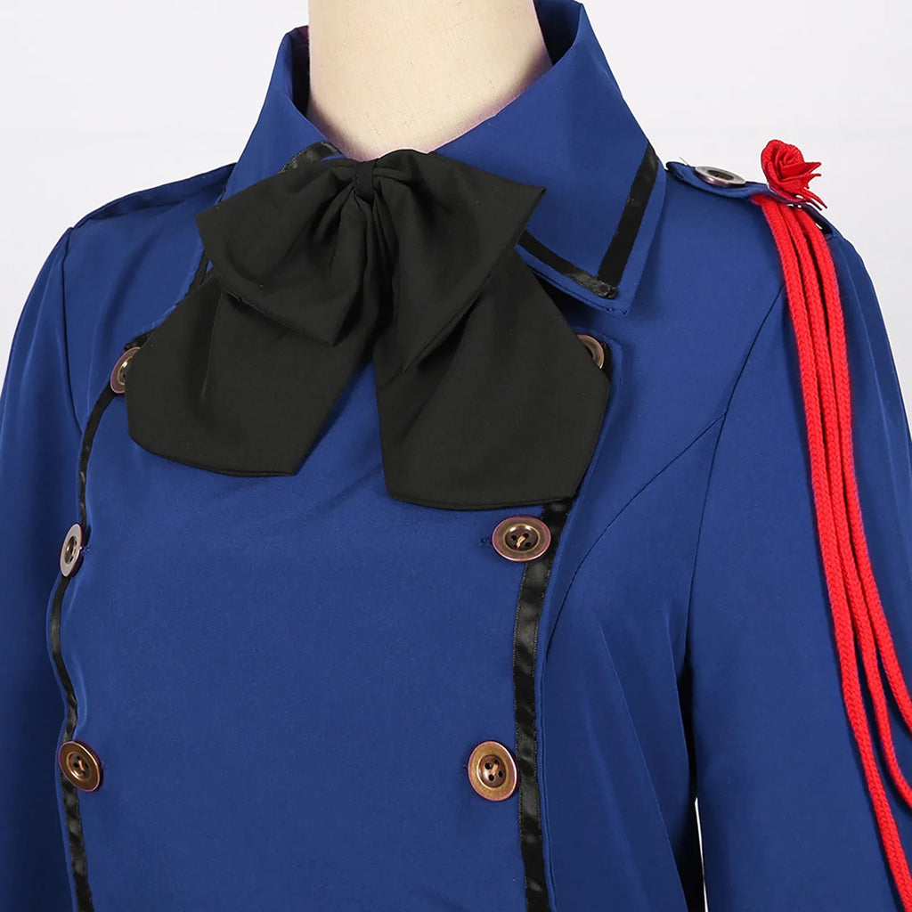 Vintage-Inspired Blue Victorian Coat Dress with Red Shoulder Cording and Bow Collar