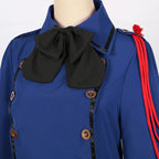Vintage-Inspired Blue Victorian Coat Dress with Red Shoulder Cording and Bow Collar