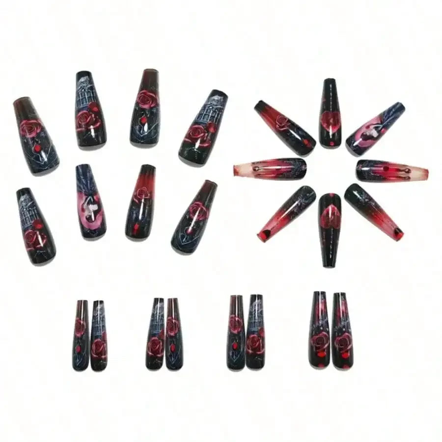 Gothic Rose Embellished Press On Nails with Dark Romantic Artwork