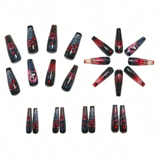 Gothic Rose Embellished Press On Nails with Dark Romantic Artwork