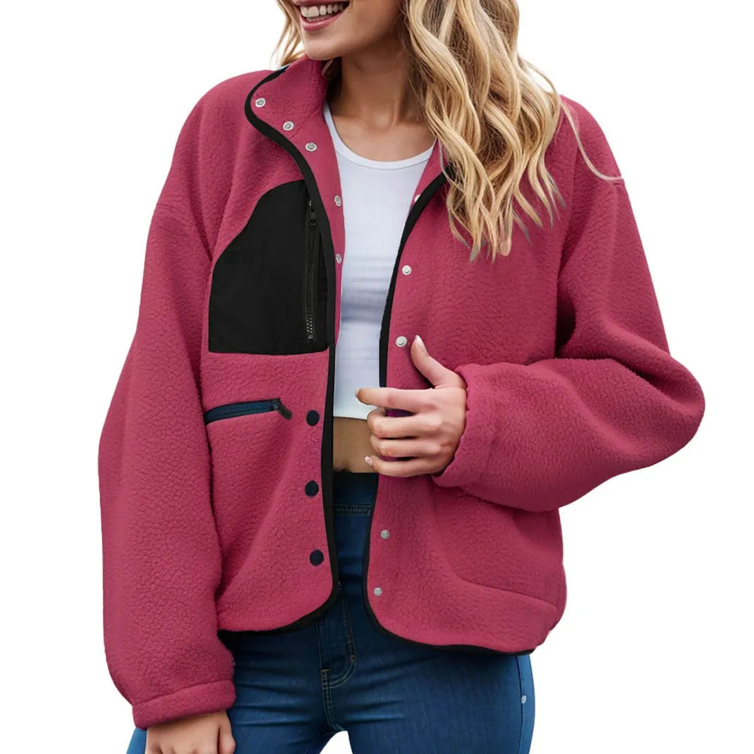 Women's Cropped Teddy Fleece Button Front Jacket Cozy Casual Everyday Layering Outerwear