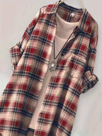 Mid-Length Relaxed Blue Plaid Tunic Shirt with Curved Hem and Roll-Up Sleeves