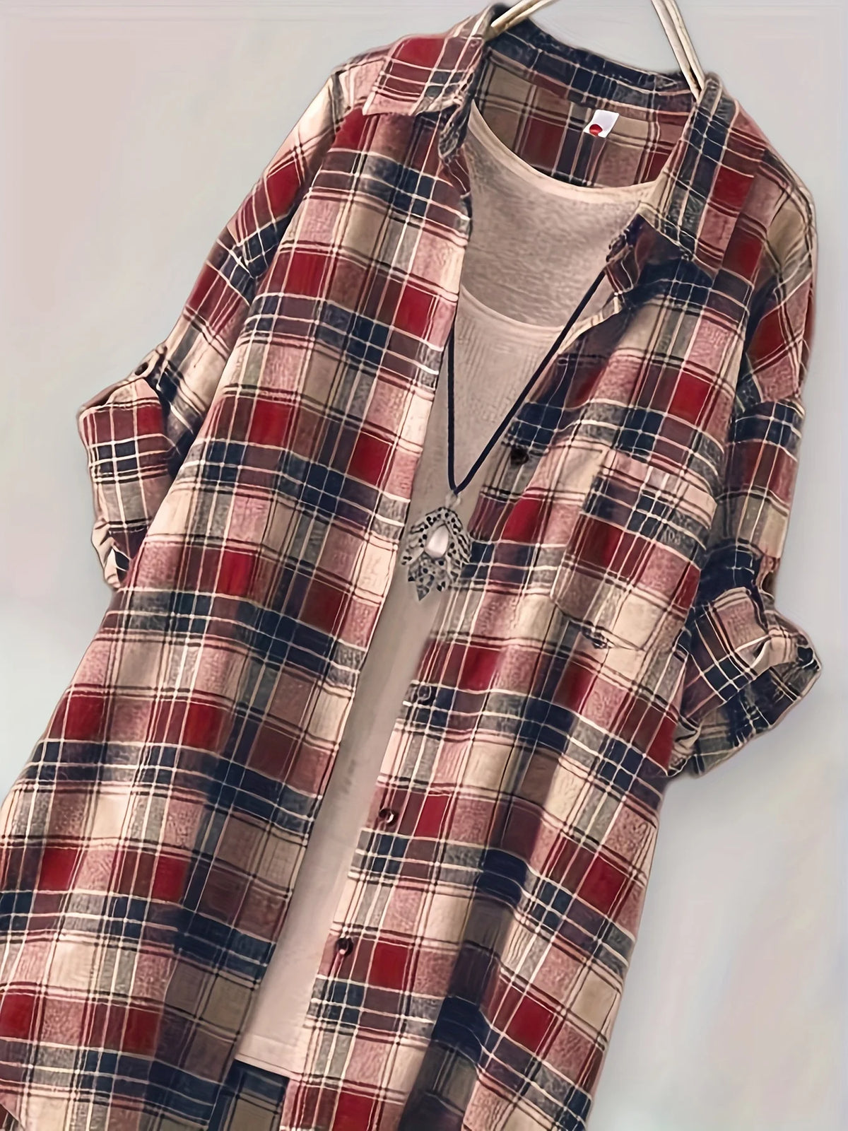Mid-Length Relaxed Blue Plaid Tunic Shirt with Curved Hem and Roll-Up Sleeves