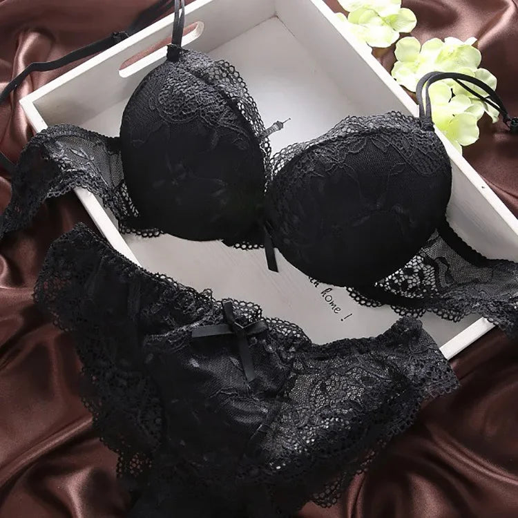 Elegant Burgundy Floral Lace Push-Up Bra and Brief Set