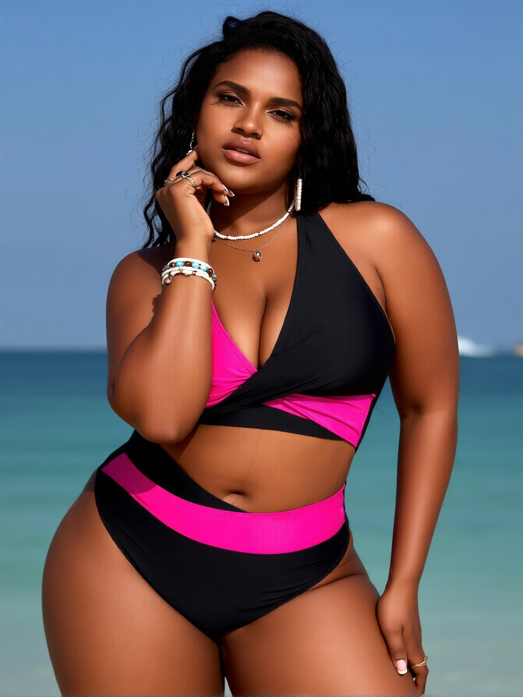 Black and Neon Pink Colorblock Two-Piece Bikini Set with Criss-Cross Halter Top and High-Waisted Contrast Bottom