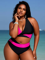 Black and Neon Pink Colorblock Two-Piece Bikini Set with Criss-Cross Halter Top and High-Waisted Contrast Bottom