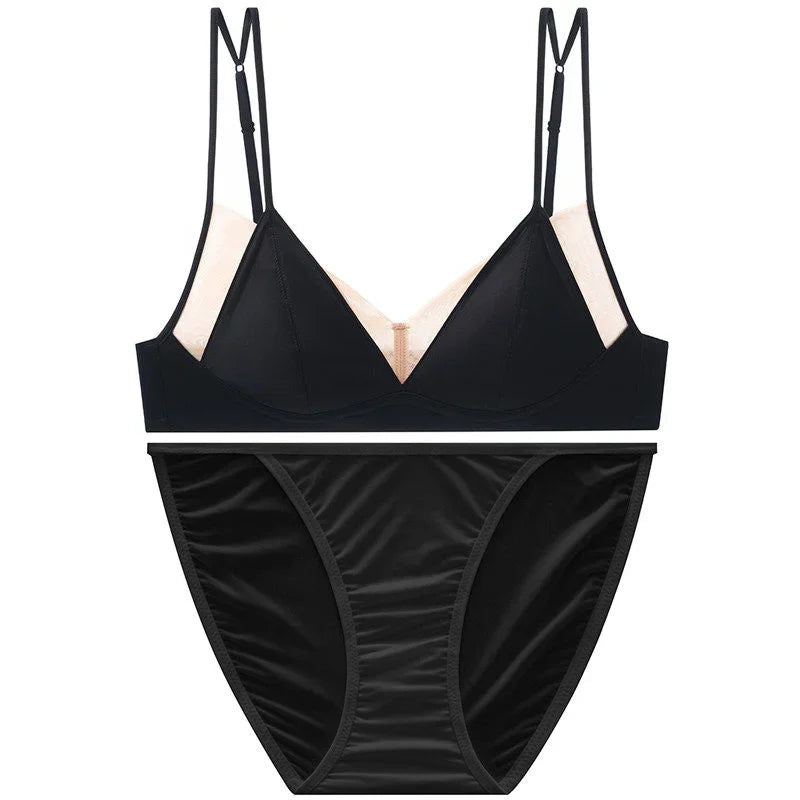 Seamless Minimalist Triangle Bralette and High-Leg Cheeky Panty Set with Double-Strap Accents