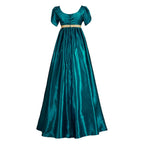 Vintage-Inspired Satin Maxi Dress with Puff Sleeves and Empire Waist