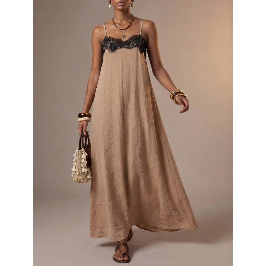 Contrast Trim Maxi Dress With Soft A Line Flowing Silhouette
