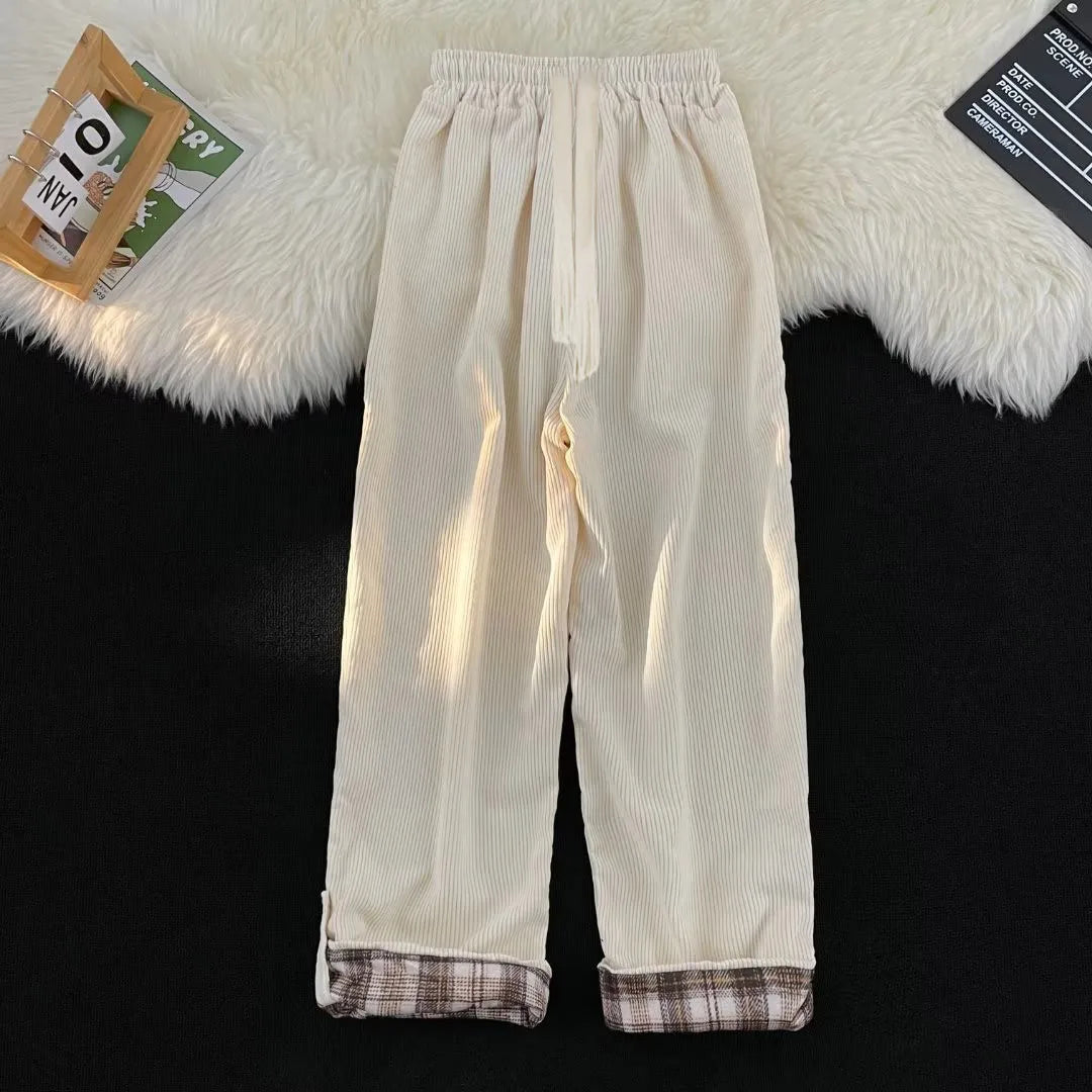 Men's Relaxed Straight Leg Corduroy Style Casual Trousers with Drawstring Waist