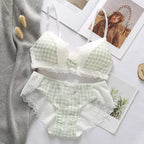 Playful Gingham Check and White Wire-Free Bra Set with Ruffled Lace Trim