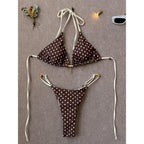 Retro Polka Dot Triangle String Bikini with Contrast Pink Straps