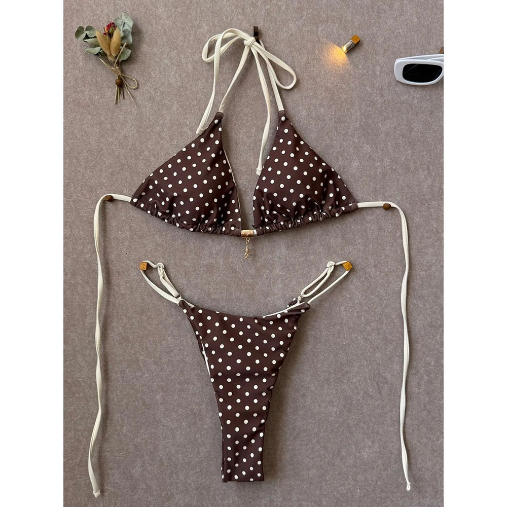 Retro Polka Dot Triangle String Bikini with Contrast Pink Straps