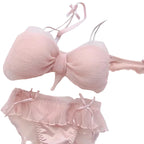 Ruffled Tulle Statement Bow Wire-Free Bralette and Matching Frilled Low-Rise Panty Set