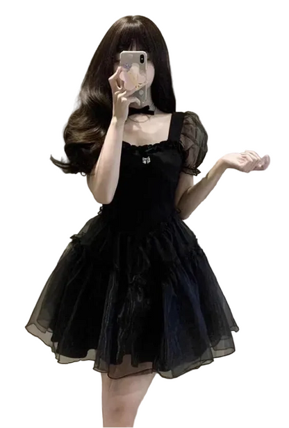 Anime-Inspired Gothic Tulle Mini Dress with Soft Kawaii Party Aesthetic