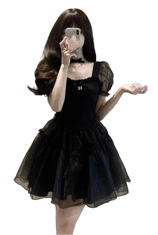 Anime-Inspired Gothic Tulle Mini Dress with Soft Kawaii Party Aesthetic