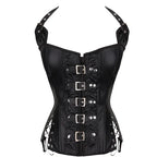 Brown Faux Leather Steampunk Halter Corset with Metal Buckles and Side Lacing