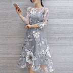 Elegant Floral Embroidered Mesh Overlay Alternative Occasion Midi Dress