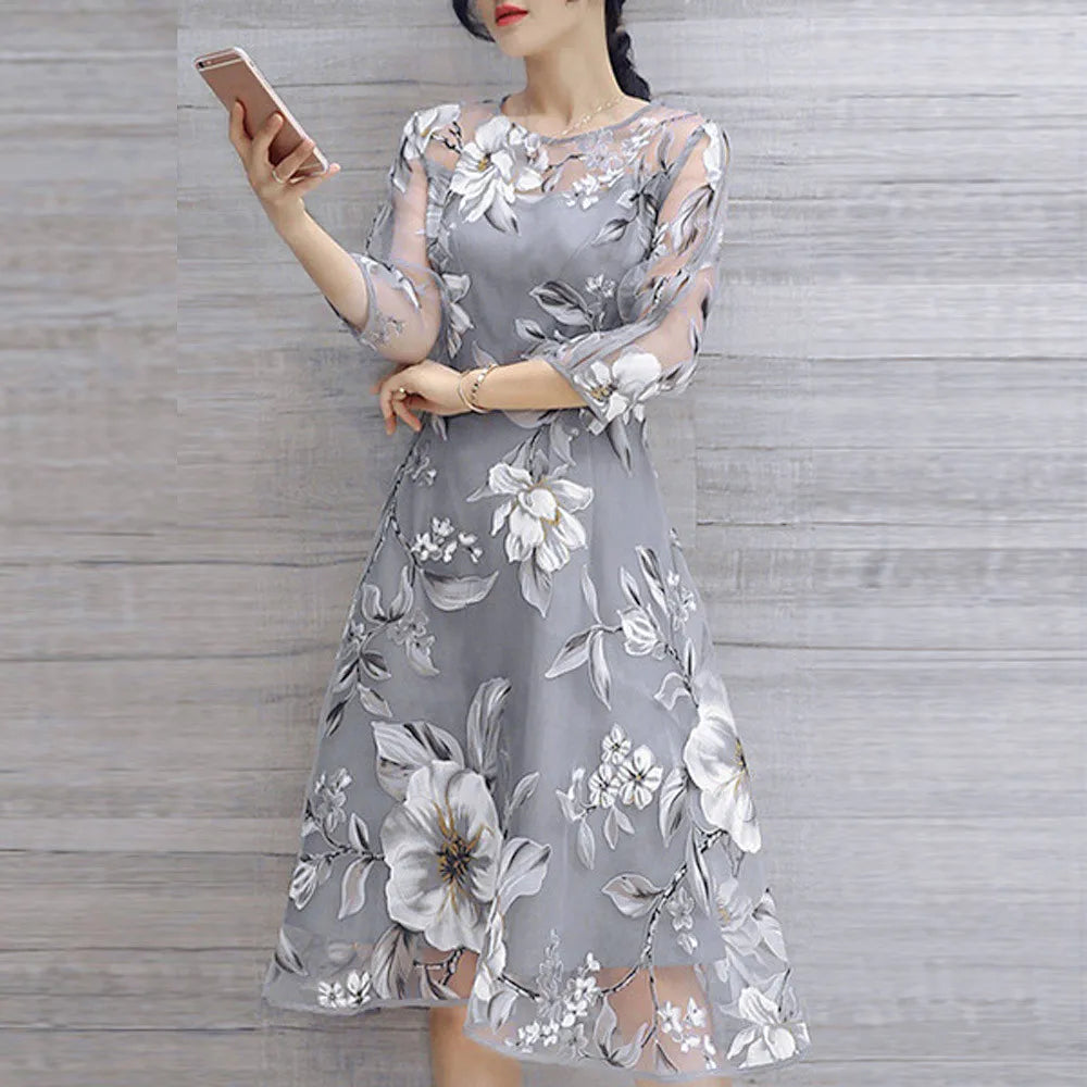 Elegant Floral Embroidered Mesh Overlay Alternative Occasion Midi Dress