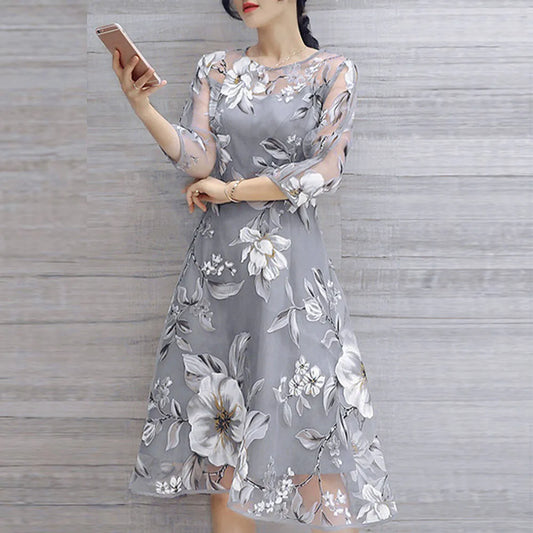 Elegant Floral Embroidered Mesh Overlay Alternative Occasion Midi Dress