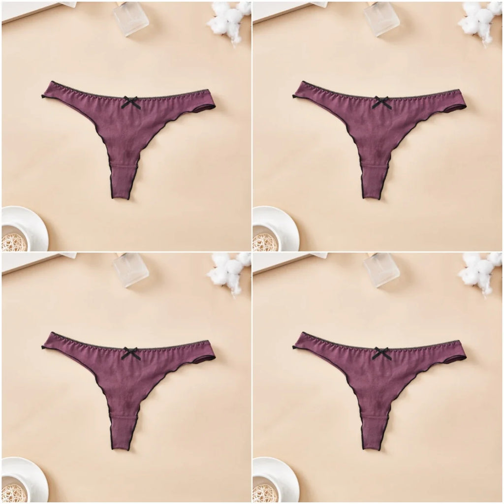 4-Piece Women’s Cotton Low-Rise Thong Panties Set with T-Back Silhouette, Decorative Bow Detail and Assorted Solid Colors