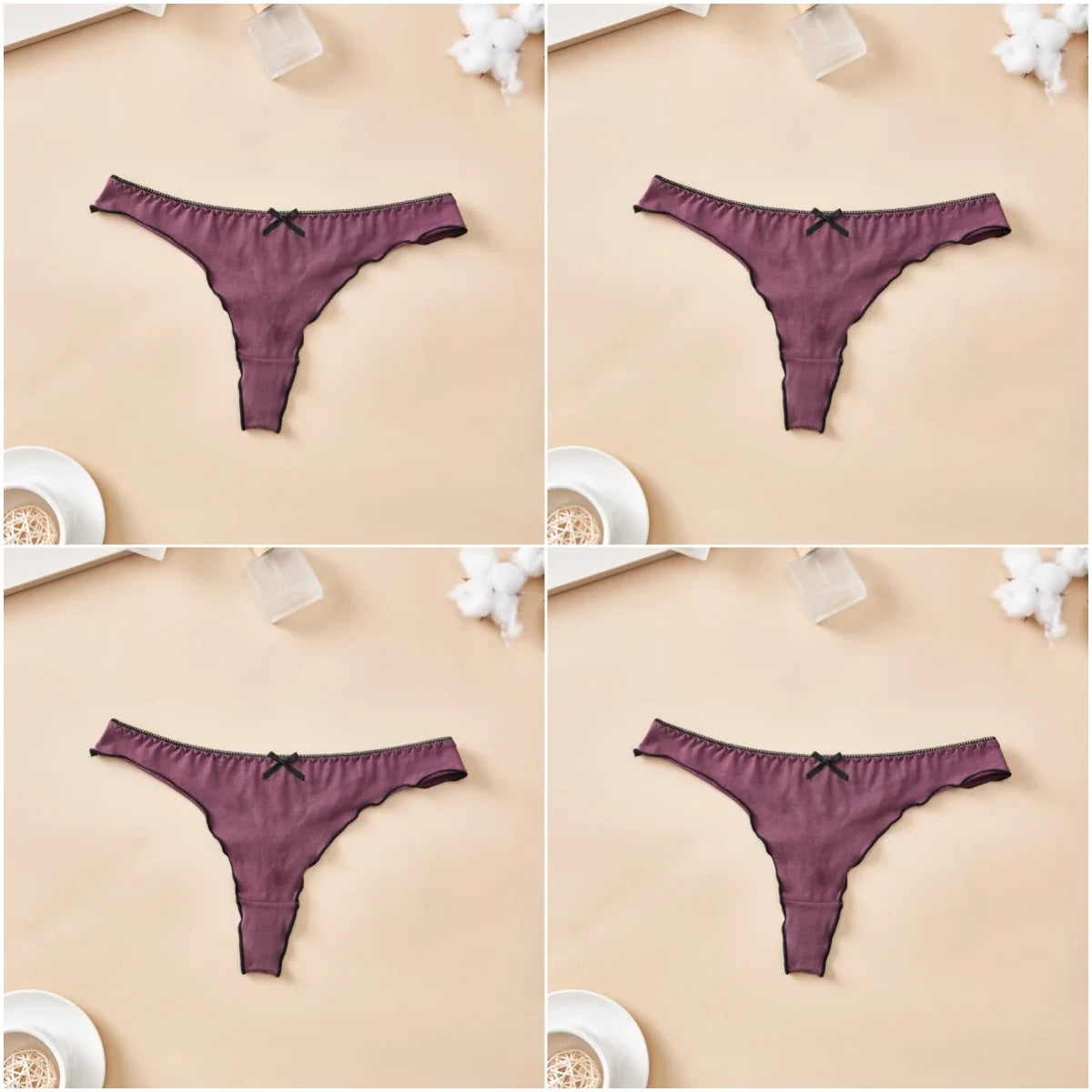 4-Piece Women’s Cotton Low-Rise Thong Panties Set with T-Back Silhouette, Decorative Bow Detail and Assorted Solid Colors