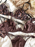 Rich Chocolate Satin and Black Lace Spliced Underwire Lingerie Set