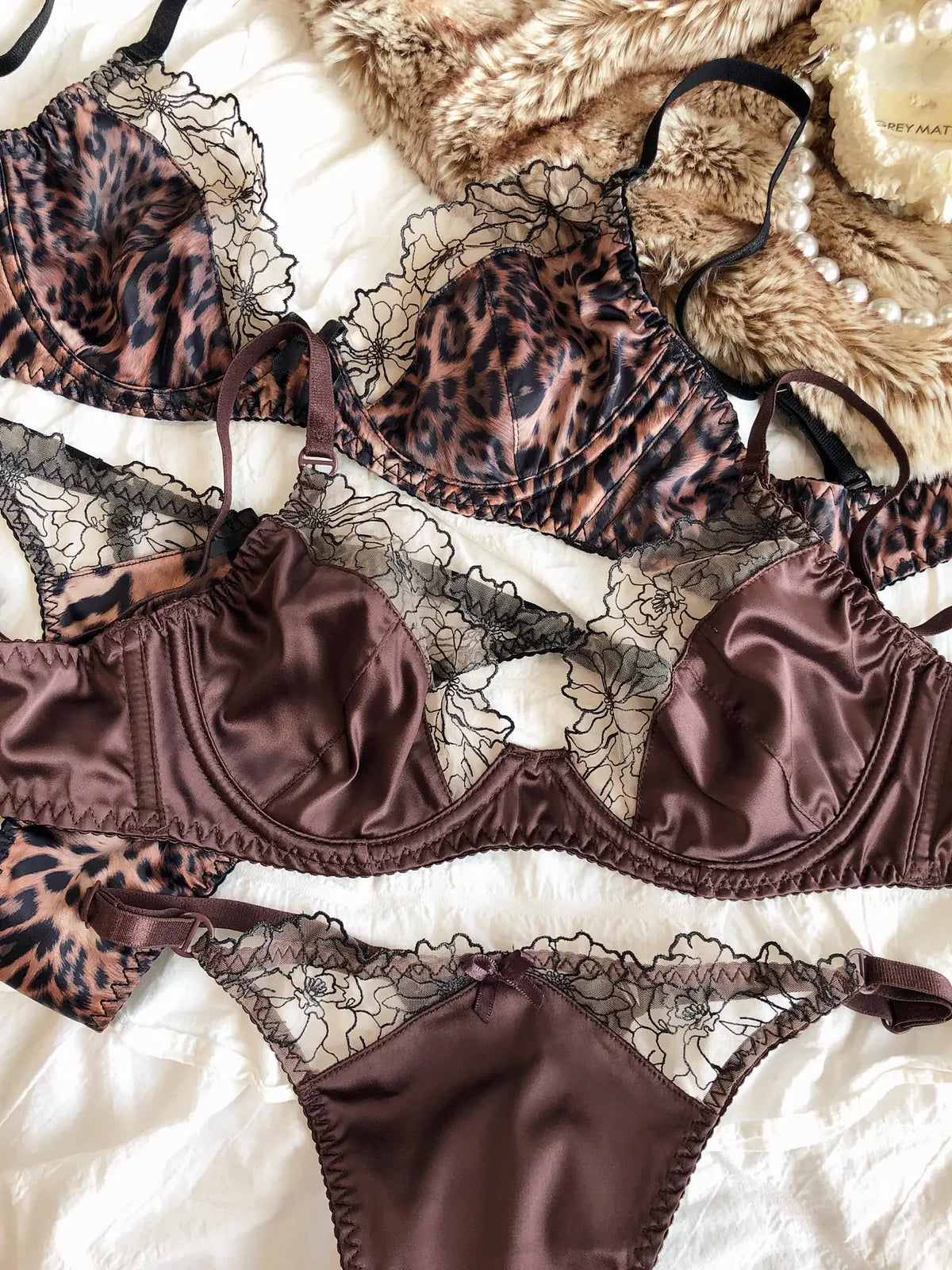 Rich Chocolate Satin and Black Lace Spliced Underwire Lingerie Set