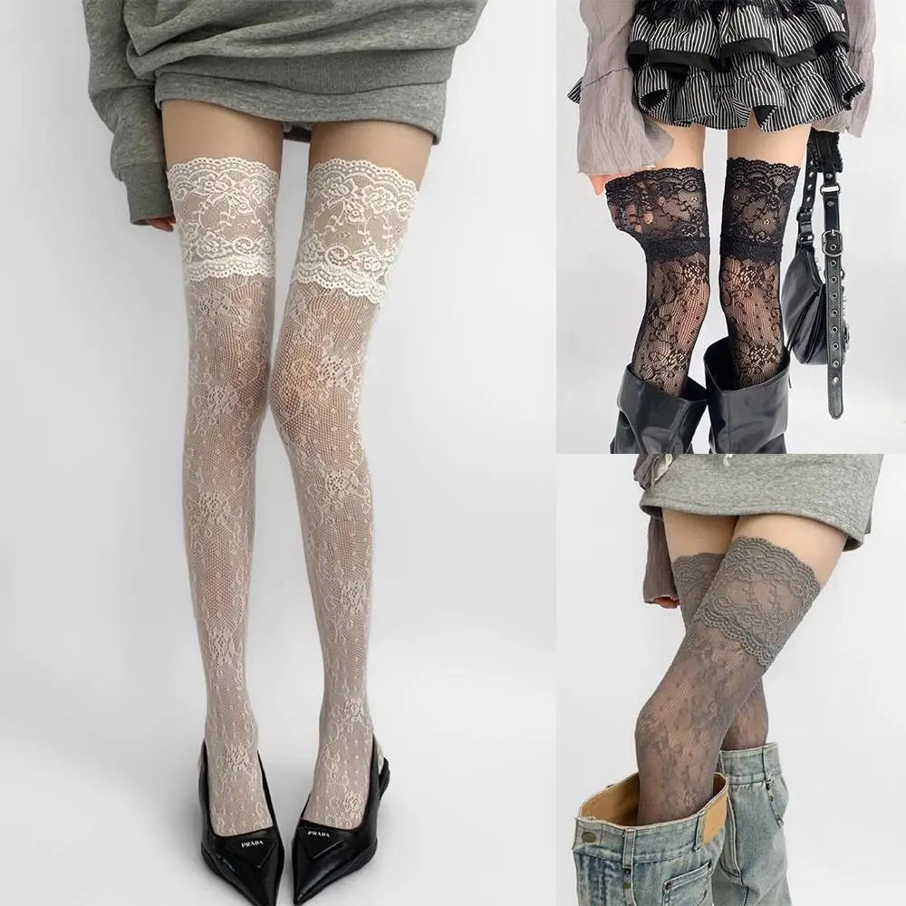 Floral Lace Fishnet Thigh High Stockings with Breathable Mesh Over-the-Knee Design