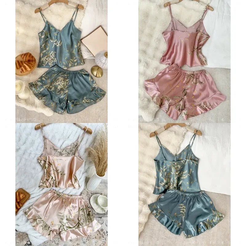 Women's Cherry-Inspired Print Cami Pajama Set with Ruffle Trim, V-Neck Spaghetti-Strap Top and Matching Shorts, Cute Loungewear