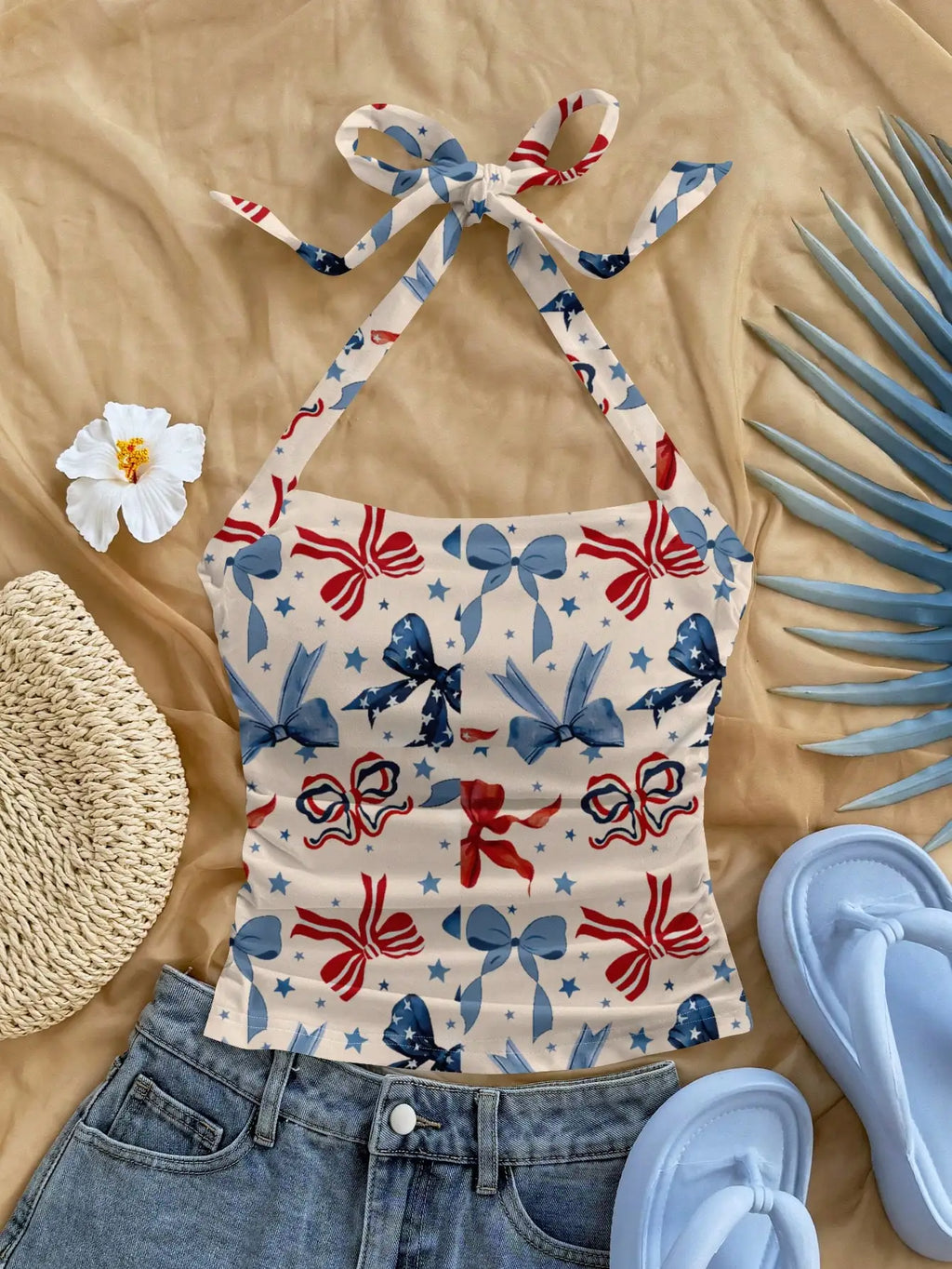 Floral Print Halter Crop Top with Bow Detail Summer Vacation Style